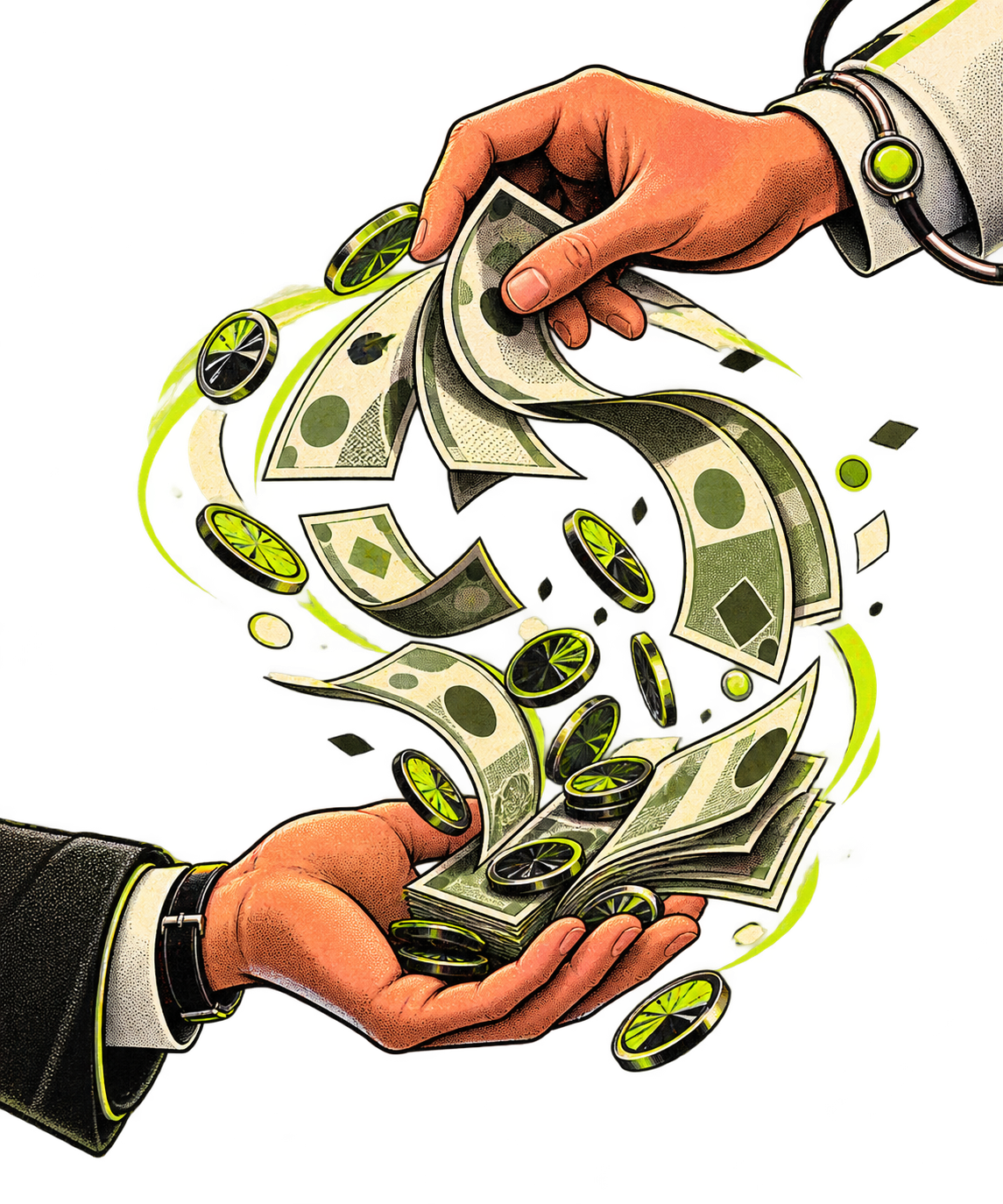 Illustration of hands moving affiliate commission notes and tokens